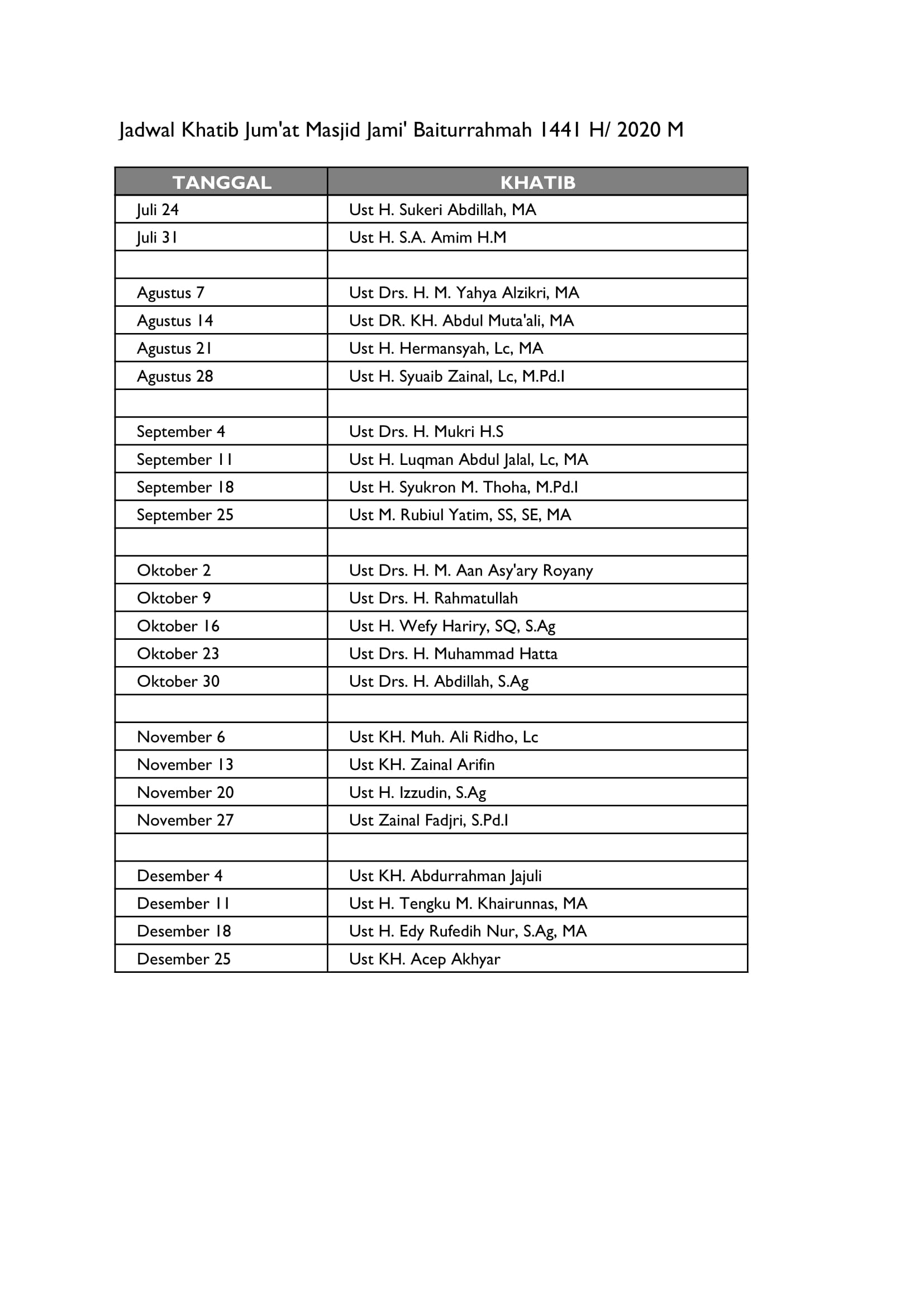 Jadwal Khatib Jum'at Tahun 2020